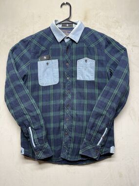 Rugged Point Quilt Lined Flannel Men's M Blue Green Plaid Pocket Button-Up Shirt